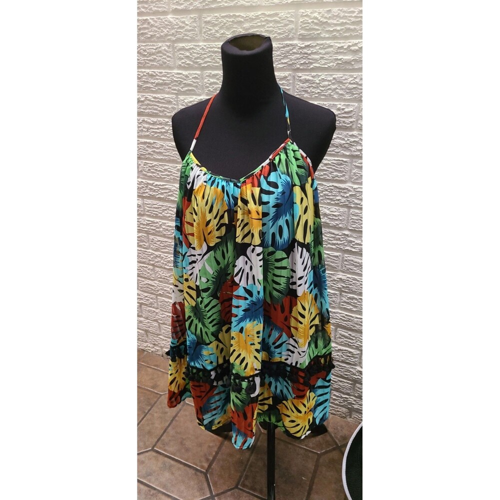 Gianni Bini Womens Dress sz S leaves pompom trim Paradise Cove Striped